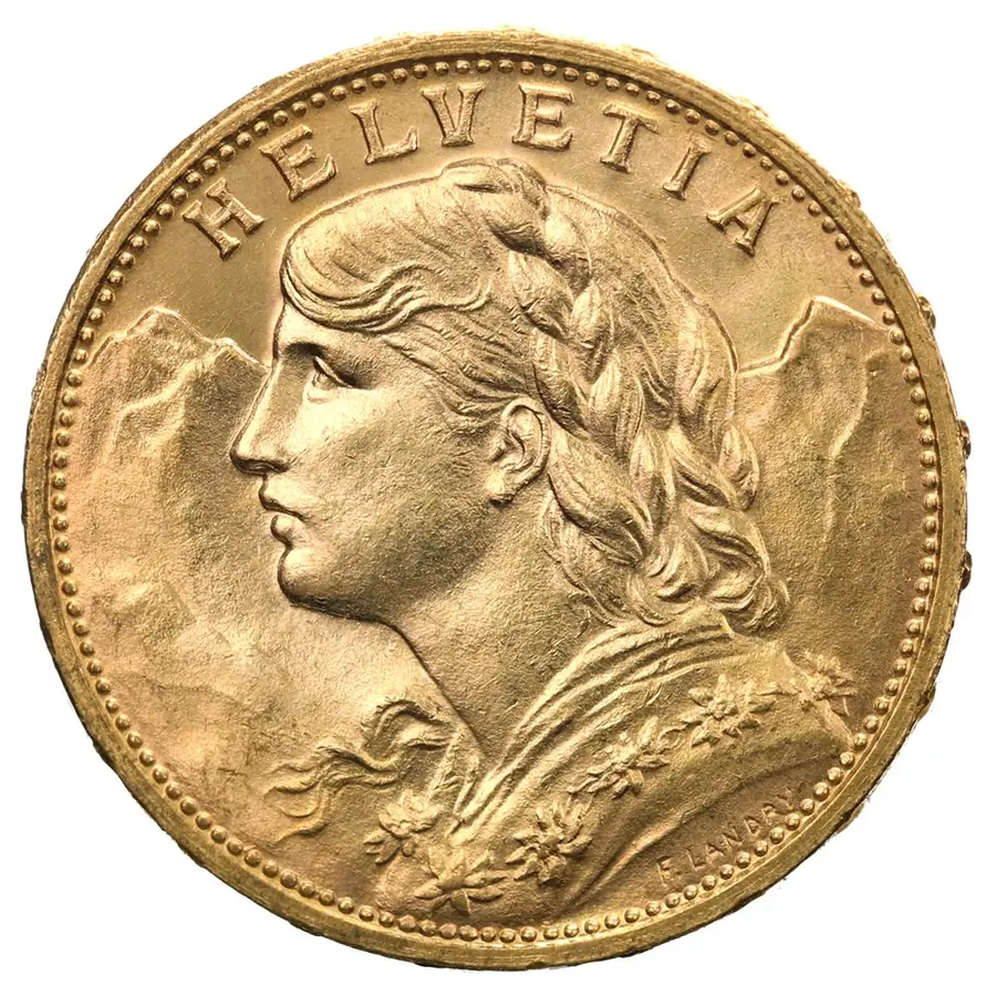 Switzerland 1935-LB 20 francs, Vreneli, reverse
